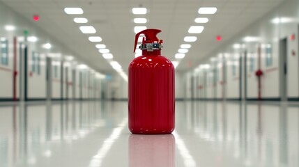 Bright red fire extinguisher in hallway.