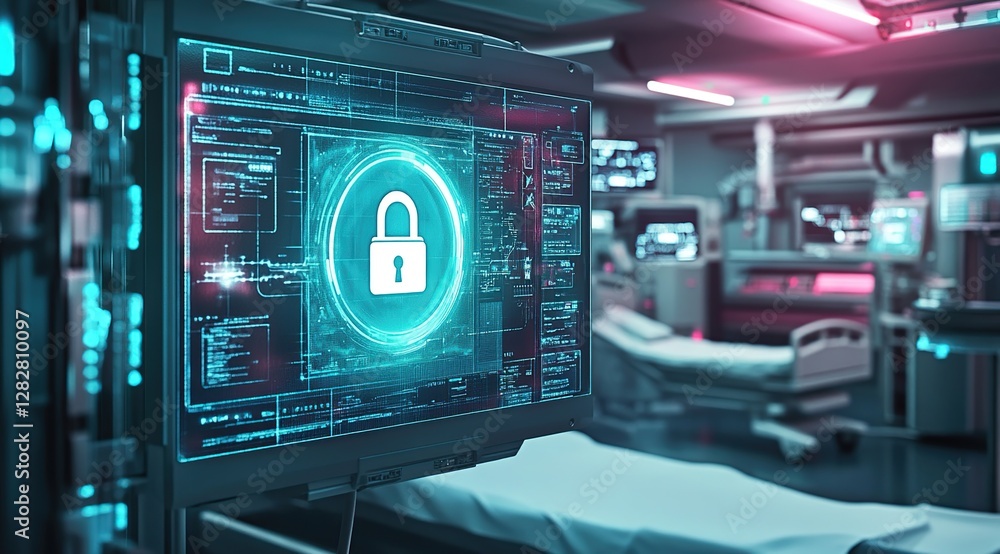 Poster cybersecurity system shows digital lock on screen protecting hospital data securely in futuristic se