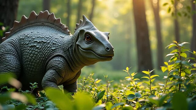 Dinosaur in lush forest with sunlight in the background