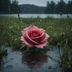 A rose in grass after rain, water droplets sparkling on petals, a misty lake behind.