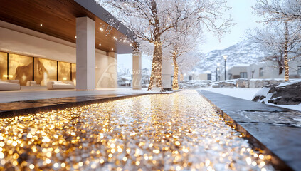 Luxurious hotel entrance, winter scene, snow-covered trees, mountain backdrop. Ideal for travel brochures or websites showcasing winter getaways