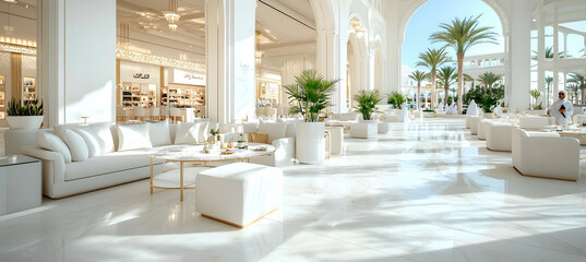 Luxurious hotel lobby with white furniture, palm trees visible through arched windows, showcasing upscale resort relaxation and leisure