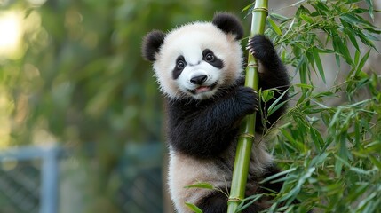 Fototapeta premium Happy panda cub climbing bamboo, lush forest