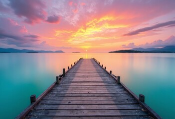 Obraz premium Pier Leads to Colorful Sunset Over Still Water