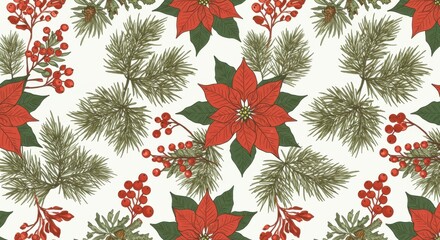 Christmas floral pattern, poinsettia flowers, red berries, pine branches, festive botanical illustration, seamless repeat, vintage style, holiday motif, white background, traditional colors, detailed 
