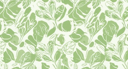 Botanical pattern, green leaves, seamless design, nature-inspired, delicate foliage, organic shapes, light green background, white outlines, hand-drawn style, repeating motif, fresh spring aesthetic, 