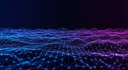 Retro digital landscape, wireframe terrain, neon purple and blue, synthwave aesthetic, 80s style grid, glowing horizon, undulating waves, virtual reality, computer graphics, low-poly mountains, futuri