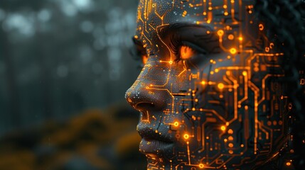 Digital profile of human face with glowing circuit patterns, representing artificial intelligence and technological integration.