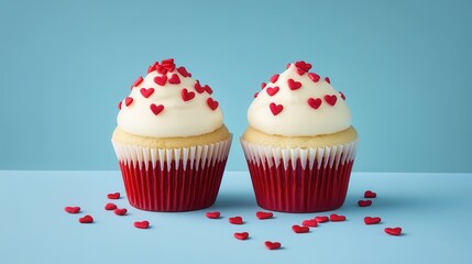 Two delectable cupcakes, their surfaces adorned with vibrant red heart-shaped sprinkles, nestled against a backdrop of serene blue. A celebration of sweetness and joy, ready to be savored.