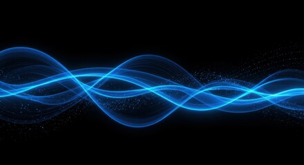 Abstract, glowing blue waves, flowing lines, digital art, black background, neon effect, energy streams, futuristic, dynamic, ethereal, electric blue, luminous threads, cosmic, intertwining curves, mo