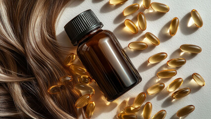 Fototapeta premium An image of a comb and hair with a focus on medicine, pills, and healthcare items such as a bottle, capsule, and tablets