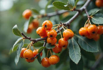 Pyracantha Orange Berries and Green Leaves on Branch