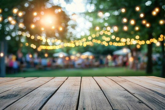 Wooden table, outdoor party, evening lights, blurred background, product display - Powered by Adobe