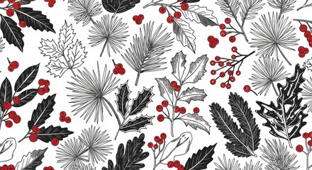 Botanical illustration, winter foliage pattern, black and white line art, red berries, holly leaves, poinsettia flowers, intricate floral details, elegant Christmas motif, seamless repeat design, mono