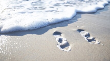 Ocean wave washes over footprints in sand.