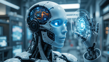 Advanced AI Robot with Transparent Skull and Neural Processor Interaction