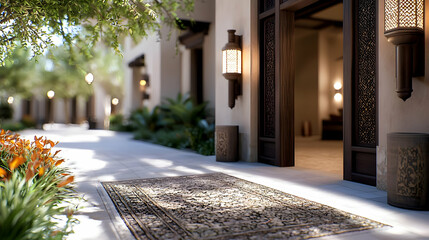 Luxurious villa entrance, Mediterranean courtyard, sunny day, tranquil atmosphere, ideal for real estate marketing