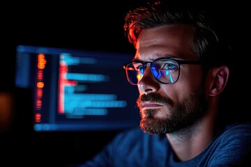 Focused Software Developer in Dark Office with Code Reflections in Glasses