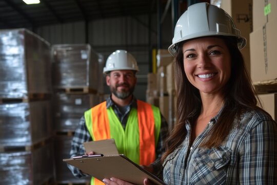 portrait of woman in helmet, holding clipboard, stands with male warehouse worker 