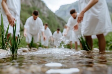 Men in white robes washing in a mountain stream.