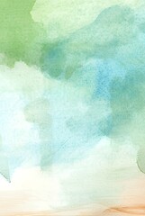 Green and blue watercolor texture with abstract paint splashes. Artistic hand-painted background with soft color gradient. Design for wallpaper, poster, invitation, greeting card, and print