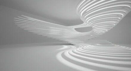 minimalist abstract architecture, curved white structures, spiral formations, futuristic interior design, clean lines, organic shapes, flowing patterns, light and shadow play, geometric elegance, mono
