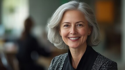 A confident woman with graying hair, her smile radiating warmth and professionalism, exuded authority in a modern office setting, surrounded by her dedicated colleagues.