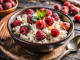 Tasty cottage cheese with raspberries in a bowl. Delicious food background