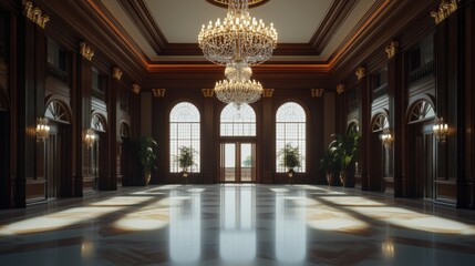 Obraz premium A legislative hall with grand chandeliers and dark wood accents. Featuring luxury and elegance
