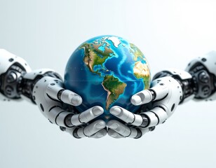 Robot hands holding a blue and green Earth globe