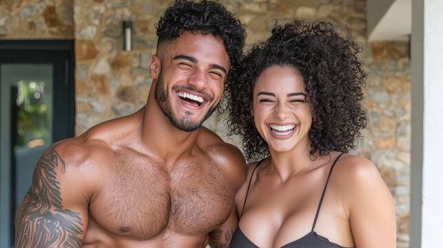 Happy couple posing outdoors, stone porch background, lifestyle image