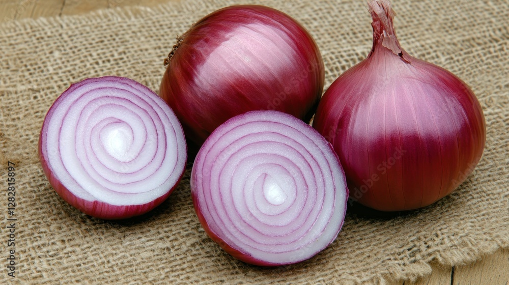 Poster a display of red onions, whole and sliced, showcasing their layers and texture.
