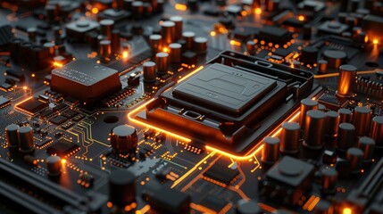 Chrome computer motherboard with glowing circuits