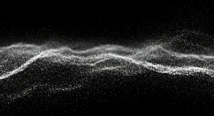 abstract wave, particle flow, dynamic pattern, grayscale, high contrast, digital art, fluid motion, microscopic view, scientific visualization, noise texture, futuristic, cosmic energy, data visualiza