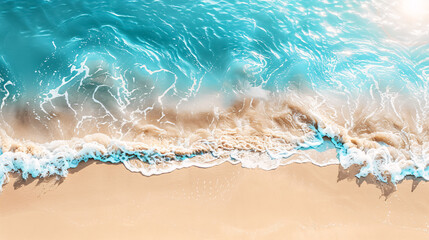 Naklejka premium Abstract view of a sand beach from above with light blue transparent water waves and sunlight, conveying a summer vacation concept. Ideal for banners with natural beauty spa themes 