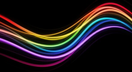 Neon rainbow waves, glowing light trails, dark background, vibrant colors, curving lines, pride flag colors, abstract digital art, glossy finish, colorful energy flow, sleek design, dynamic compositio