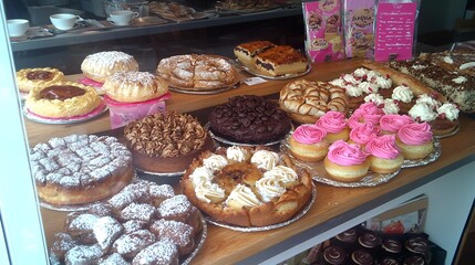Bakery display window with pastries, various desserts, and sweets on shelves.  Possible use for stock photography