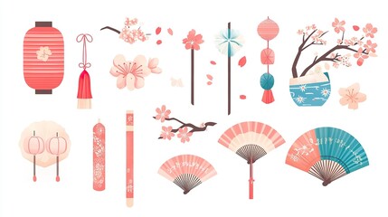 Icon Set of Cherry Blossom Festival Essentials, Cherry Blossom Festivals (