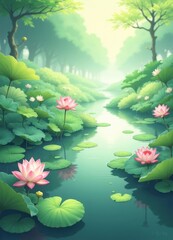 Serene lotus flowers bloom on calm green riverway