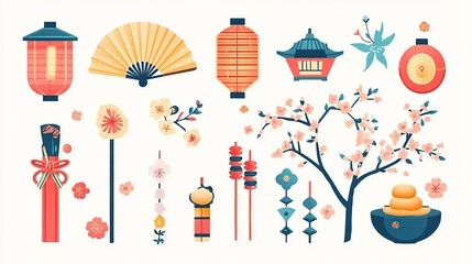 Icon Set of Cherry Blossom Festival Essentials, Cherry Blossom Festivals (