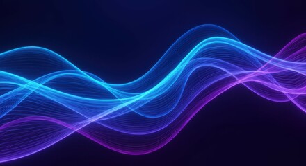 Naklejka premium Abstract waves, neon blue and purple, glowing lines, digital art, flowing energy, vibrant colors, smooth curves, dynamic motion, futuristic, ethereal, light trails, electric atmosphere, dark backgroun