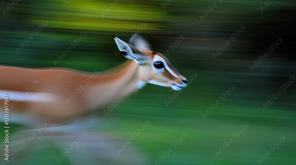 Poster a blurred image of an antelope running swiftly through a lush green environment.
