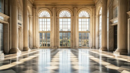 Fototapeta premium A legislative hall with grand marble pillars and large windows. Featuring authority and transparency