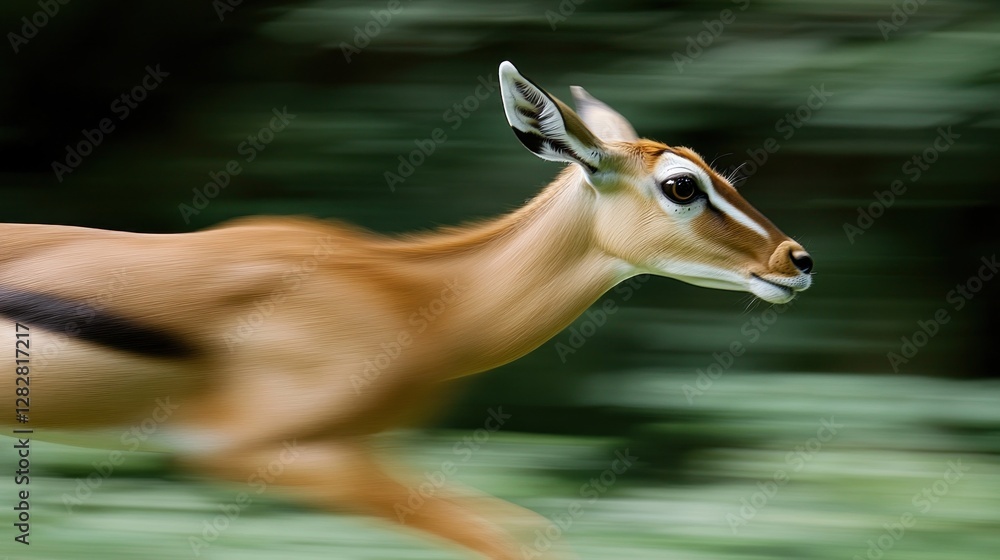 Poster a blurred image of a gazelle running swiftly through a lush green environment.
