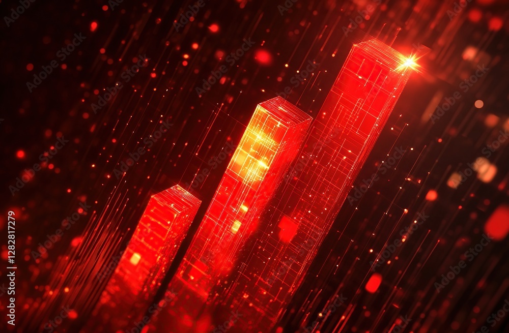Poster data visualization: ascending red cubes showcase exponential growth in digital networks