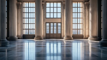 A legislative hall with grand marble pillars and large windows. Featuring authority and transparency