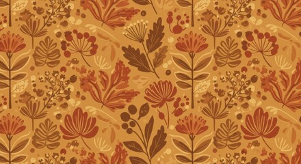 Botanical pattern, autumn leaves, warm earth tones, vintage wallpaper design, floral illustration, retro style, symmetrical composition, nature-inspired motif, orange and brown palette, hand-drawn aes