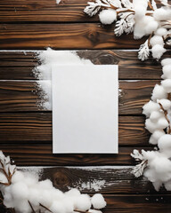 A blank paper lies on a wooden surface with snow around it.