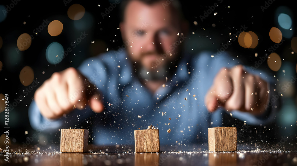 Poster man destroys wooden blocks, symbolizing overcoming challenges, in a dark bar setting with blurred ba