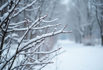 Snow-Covered Tree Branches on Winter Day